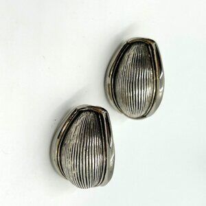 Vintage Silver-Tone Ribbed Clip-On Earrings Chunky Teardrop Dome Statement